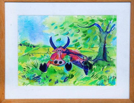 Bernhard Lipsøe, Bull, Watercolor Painting, Framed-MTD-1399980