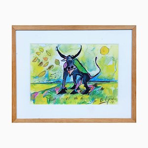 Bernhard Lipsøe, Bull, Watercolor Painting, Framed-MTD-1399981