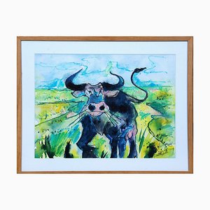 Bernhard Lipsøe, Bull, Watercolor Painting, Framed-MTD-1399978