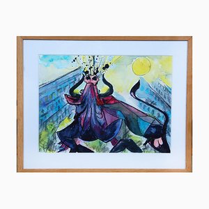 Bernhard Lipsøe, Bull, Watercolor Painting, Framed-MTD-1399979