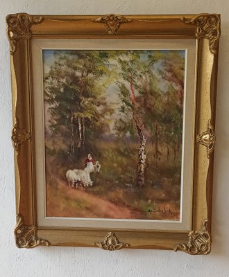 Bert Österlund, Woman Herding Sheep, 1950s, Oil on Canvas, Framed-ZEF-1729945