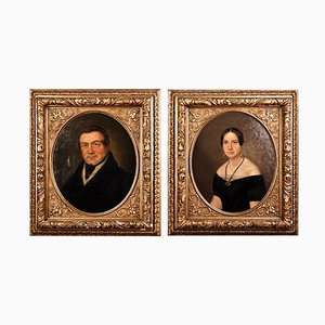 Biedermeier Artist, Portrait of a Couple, 19th Century, Oil on Canvas Paintings, Framed, Set of 2-FLW-1401845