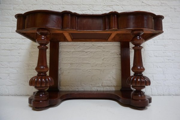 Biedermeier Mahogany Wall Console Table or Desk with Leather Inlay Top and Drawer-EA-996891