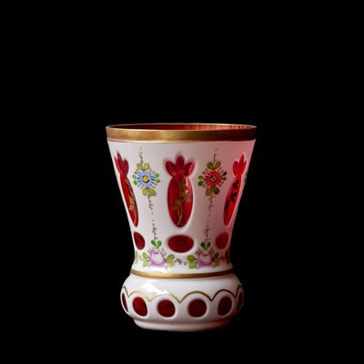 Biedermeier White Overlaid Clear Glass with Gold and Flower Motifs Painted Enamel, Deep Cut Lenses and Gold Red Vase, 1890s-XGI-2033907