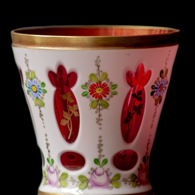 Biedermeier White Overlaid Clear Glass with Gold and Flower Motifs Painted Enamel, Deep Cut Lenses and Gold Red Vase, 1890s-XGI-2033907