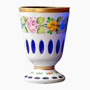 Biedermeier White Overlaid Clear Yellow Glass, Glass with Gold and Flower Motifs Painted Enamel, Deep Cut Lenses and Gold Blue Vase, 1890s-XGI-2017545