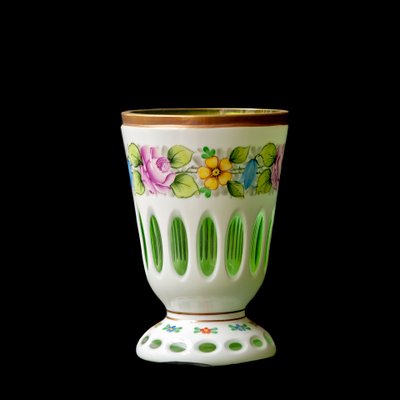 Biedermeier White Overlaid Clear Yellow Glass, Glass with Gold and Flower Motifs Painted Enamel, Deep Cut Lenses and Gold Green Vase, 1890s-XGI-2017547