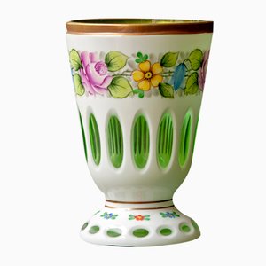 Biedermeier White Overlaid Clear Yellow Glass, Glass with Gold and Flower Motifs Painted Enamel, Deep Cut Lenses and Gold Green Vase, 1890s-XGI-2017547