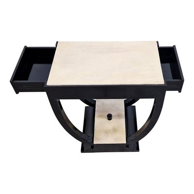 Bifacceral Table in Black Wood and Parchment with Drawers, 1980s-BEW-1822792