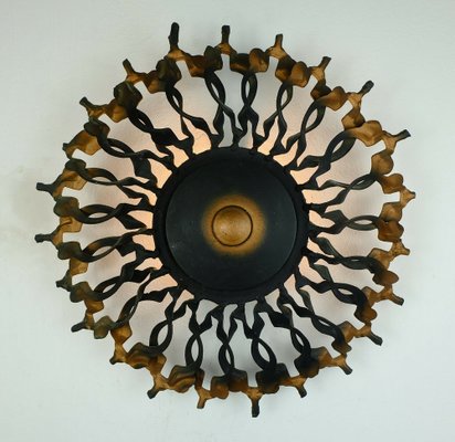 Big Mid-Century Brutalist Black & Copper Iron Sunburst Wall Lamp, 1960s-FH-1189154