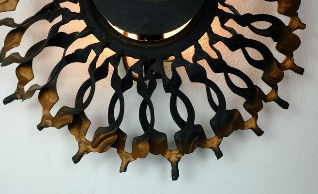 Big Mid-Century Brutalist Black & Copper Iron Sunburst Wall Lamp, 1960s-FH-1189154