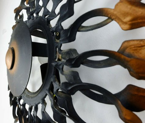 Big Mid-Century Brutalist Black & Copper Iron Sunburst Wall Lamp, 1960s-FH-1189154