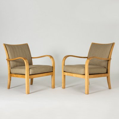 Birch and Linen Lounge Chairs by Axel Larsson for Bodafors, Sweden, 1930s, Set of 2-NL-787800