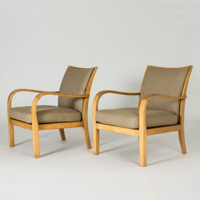 Birch and Linen Lounge Chairs by Axel Larsson for Bodafors, Sweden, 1930s, Set of 2-NL-787800