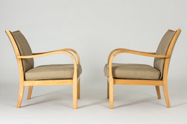 Birch and Linen Lounge Chairs by Axel Larsson for Bodafors, Sweden, 1930s, Set of 2-NL-787800