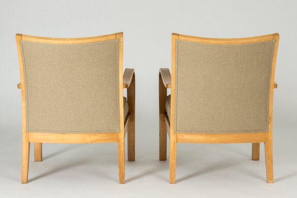 Birch and Linen Lounge Chairs by Axel Larsson for Bodafors, Sweden, 1930s, Set of 2-NL-787800