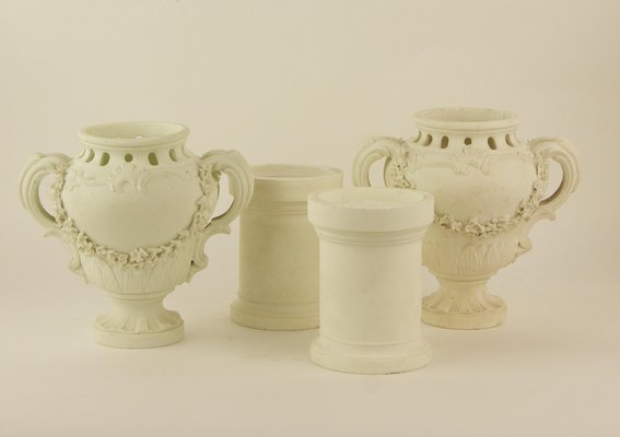 Biscuit Porcelain Vases on Separate Pedestals, France, Set of 2-KMT-942507