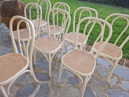 Bistro Chairs in White Painted Beech and Vienna Straw attributed to Michael Thonet, 1980s, Set of 8-EBW-2036243