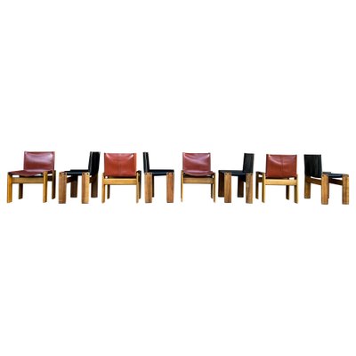 Black and Brick Leather and Walnut Monk Dining Chairs by Afra and Tobia Scarpa for Molteni, 1973, Set of 8-RPH-1233441