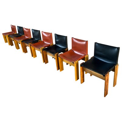 Black and Brick Leather and Walnut Monk Dining Chairs by Afra and Tobia Scarpa for Molteni, 1973, Set of 8-RPH-1233441