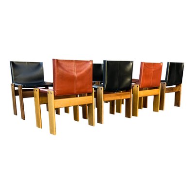 Black and Brick Leather and Walnut Monk Dining Chairs by Afra and Tobia Scarpa for Molteni, 1973, Set of 8-RPH-1233441