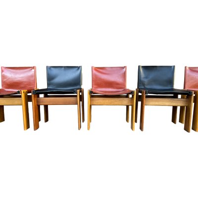 Black and Brick Leather and Walnut Monk Dining Chairs by Afra and Tobia Scarpa for Molteni, 1973, Set of 8-RPH-1233441