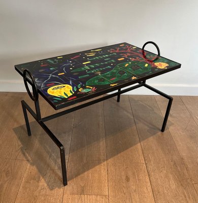 Black and Ceramic Lacquered Metal Coffee Table in the style of Jacques Adnet, 1950s-BA-1622470