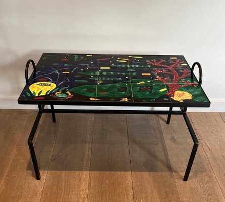 Black and Ceramic Lacquered Metal Coffee Table in the style of Jacques Adnet, 1950s-BA-1622470