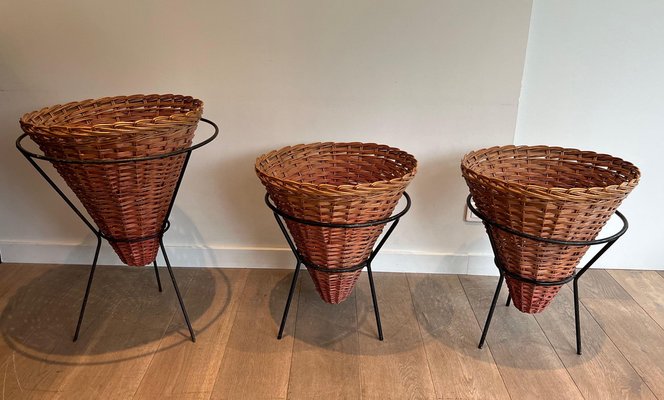 Black and Rattan Lacquered Metal Planters, 1950s, Set of 3-BA-1598978