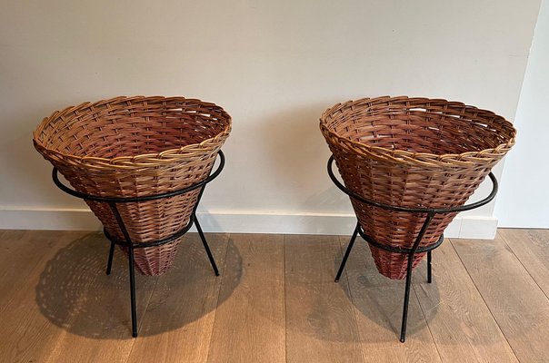 Black and Rattan Lacquered Metal Planters, 1950s, Set of 3-BA-1598978