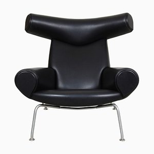 Black Aniline Leather EJ-100 Ox Chair by Hans J. Wegner for Erik Jørgensen, 1960s-MTD-1400700