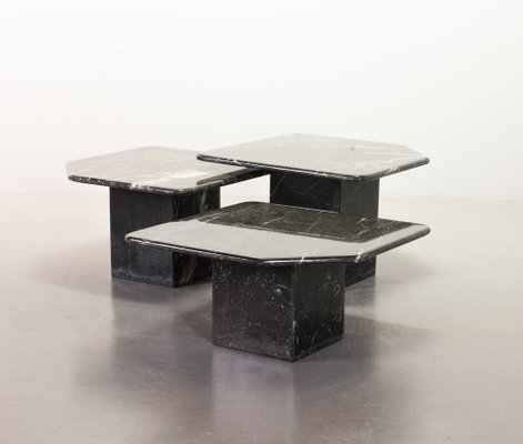 Black Carrara Marble Side Tables with Oblique Angles, Italy, 1970s, Set of 3-IXC-1409614