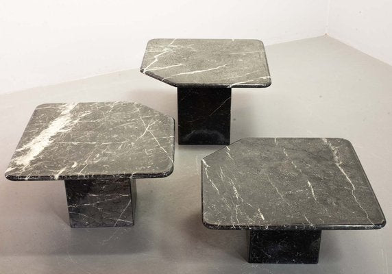 Black Carrara Marble Side Tables with Oblique Angles, Italy, 1970s, Set of 3-IXC-1409614