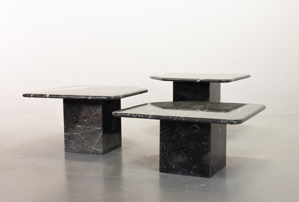 Black Carrara Marble Side Tables with Oblique Angles, Italy, 1970s, Set of 3-IXC-1409614