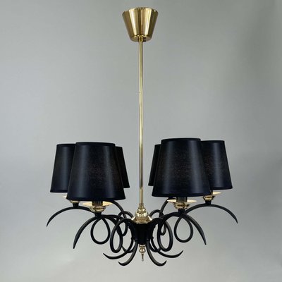 Black Cast Iron and Brass Chandelier from Jean Royere, France, 1950s-OE-1735677