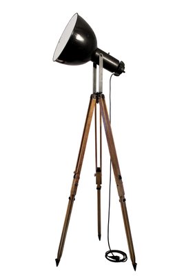 Black Enamel Vintage Industrial Spotlight on Wooden Tripod-BLS-740719