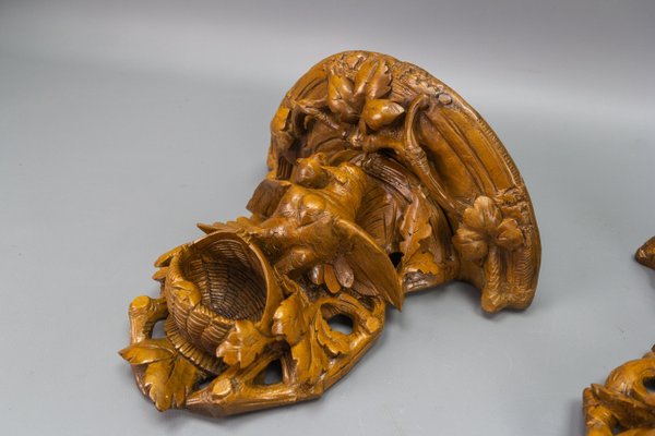 Black Forest Carved Walnut Bird Nest Wall-Mounted Shelves, 1920s, Set of 2-KEG-1705455