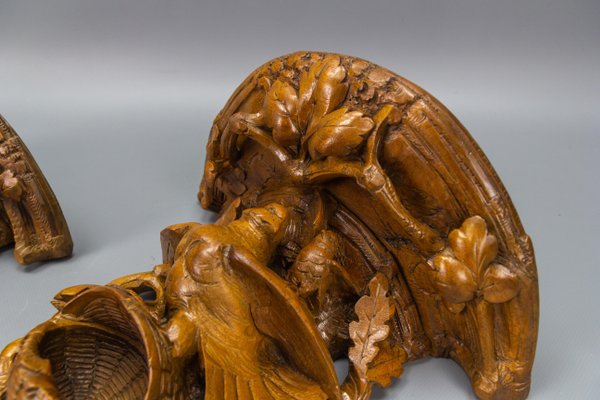 Black Forest Carved Walnut Bird Nest Wall-Mounted Shelves, 1920s, Set of 2-KEG-1705455