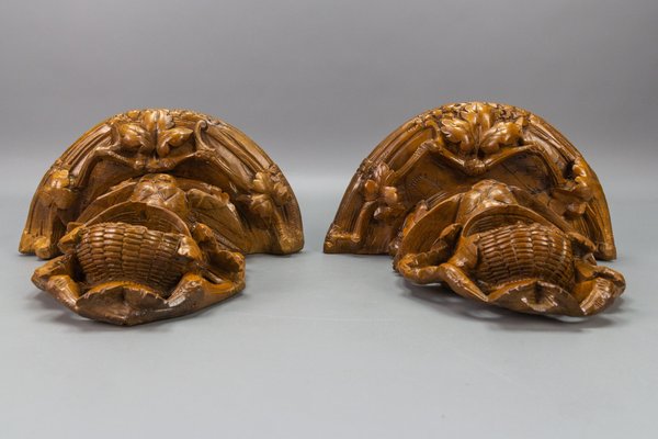 Black Forest Carved Walnut Bird Nest Wall-Mounted Shelves, 1920s, Set of 2-KEG-1705455