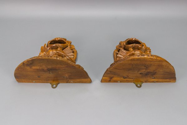 Black Forest Carved Walnut Bird Nest Wall-Mounted Shelves, 1920s, Set of 2-KEG-1705455