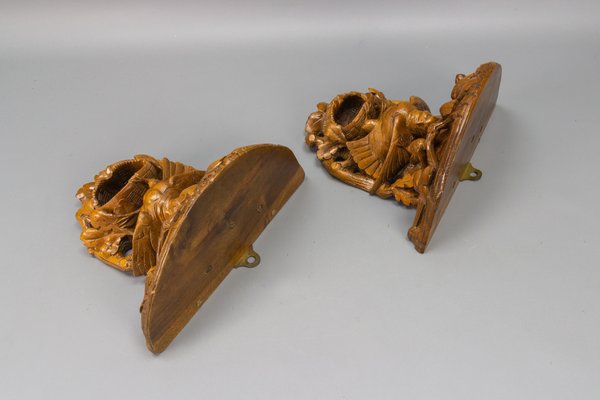 Black Forest Carved Walnut Bird Nest Wall-Mounted Shelves, 1920s, Set of 2-KEG-1705455