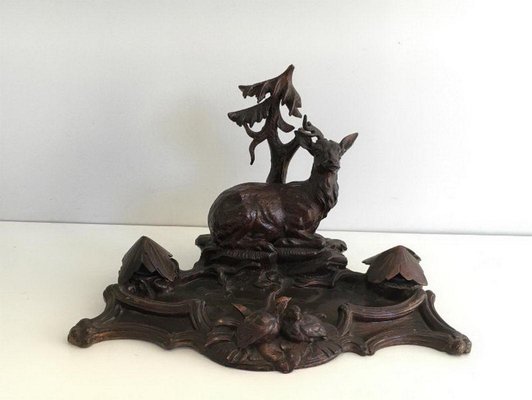 Black Forest Carved Wood Inkwell of Deer and Birds in the Forest, 1800s-BA-658346