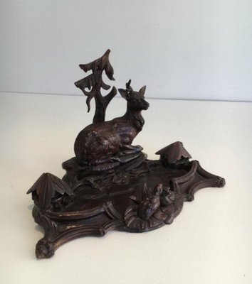 Black Forest Carved Wood Inkwell of Deer and Birds in the Forest, 1800s-BA-658346