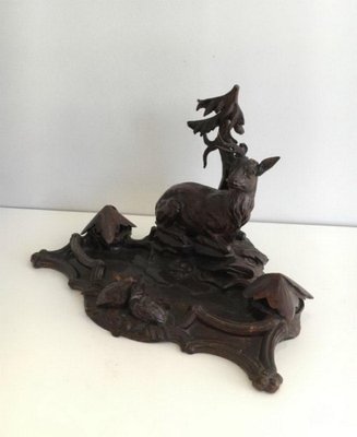 Black Forest Carved Wood Inkwell of Deer and Birds in the Forest, 1800s-BA-658346