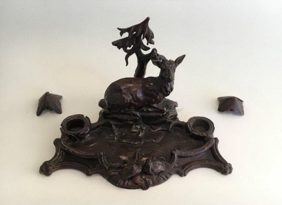 Black Forest Carved Wood Inkwell of Deer and Birds in the Forest, 1800s-BA-658346