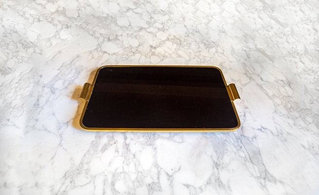 Black Glass Top & Gilded Metal Tray, Italy, 1970s-VCV-1134301