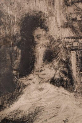 Black Graphite of Crayon Lady Sewing on Paper-AOI-1311633