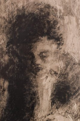 Black Graphite of Crayon Lady Sewing on Paper-AOI-1311633