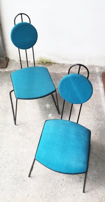 Black Iron Rod Geometric Structure & Blue Cotton Fabric Seats, 1960s, Set of 2-GGK-746625