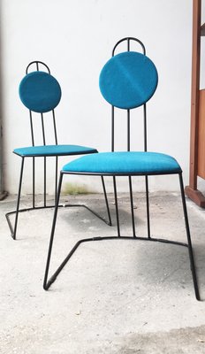 Black Iron Rod Geometric Structure & Blue Cotton Fabric Seats, 1960s, Set of 2-GGK-746625